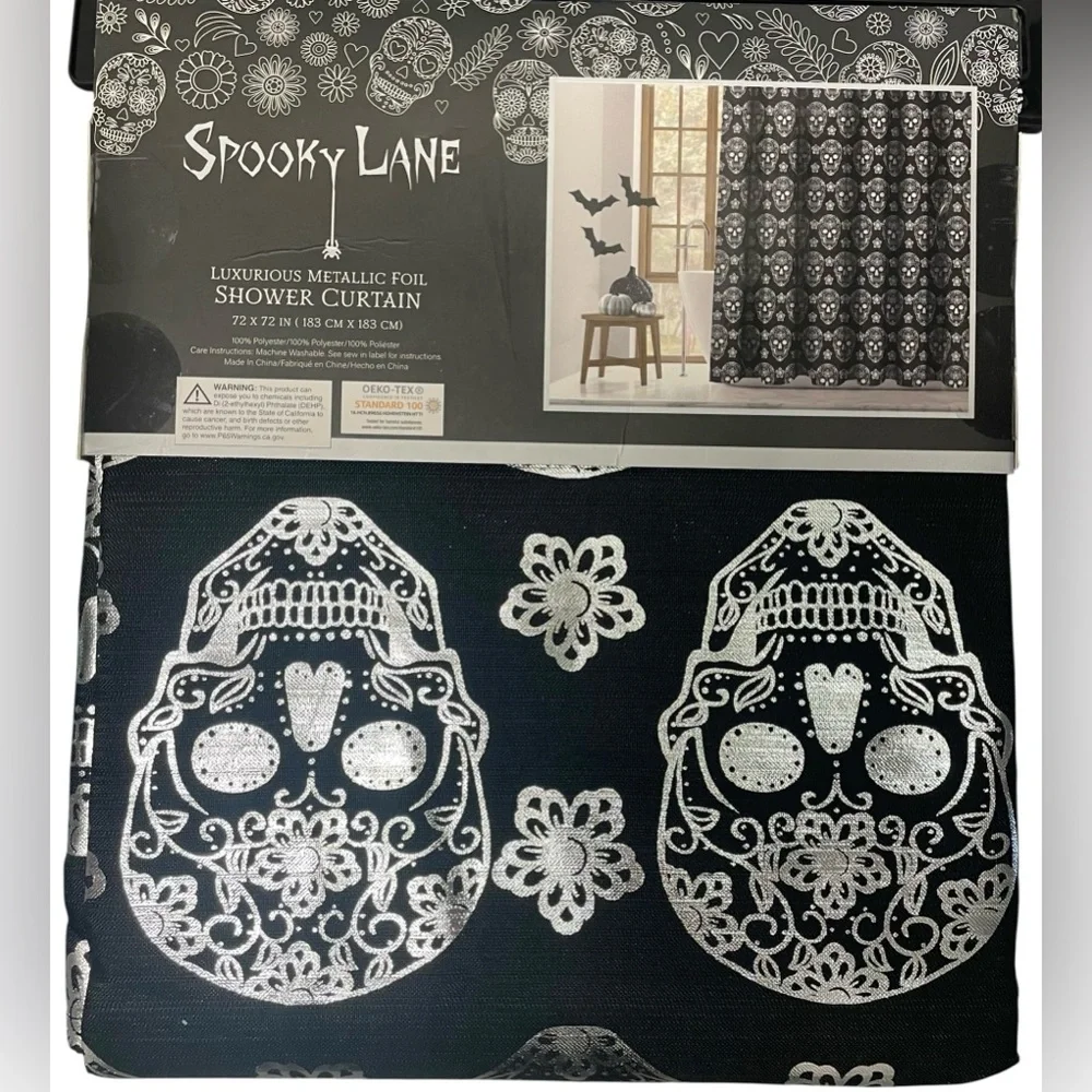 Halloween Sugar Skulls Black Metallic Silver Shower Curtain Goth Spooky NEW NWT